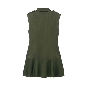 Back view of a sleeveless olive green mini dress with lapel collar and ruffled hem detail