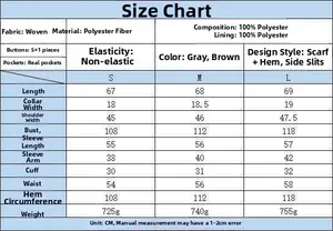 Size chart showing S-L measurements for scarf collar wool-look jacket in gray and brown