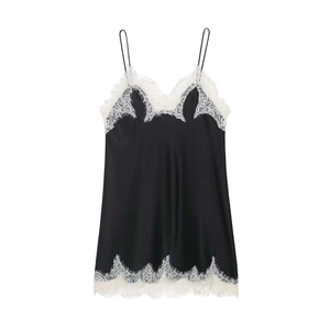 Nuisette En Satin Sexy Col En V Bretelles Spaghetti Bordure En Dentelle Blanche Chemise De Nuit Femme Noir Contraste