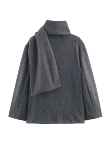Detail of dark grey wool-blend jacket featuring a built-in scarf and textured weave