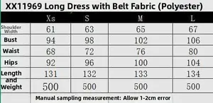 Size chart for summer maxi dress with belt showing shoulder and chest measurements