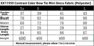 Tableau des tailles pour mini robe d'été à nœud, mesures détaillées du XS au L