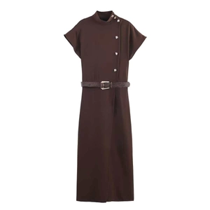 Women Vintage Stand Collar Sleeveless Maxi Dress With Belt Deep Coffee Elegant Office Commuter Long Dress Slit Button