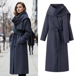 Women's Navy Blue Pinstripe Scarf Neck Belted Coat Elegant Long Slim Fit Polyester Overcoat For Winter Fashion Outerwear