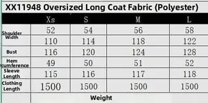Detailed size chart for the oversized long coat including measurements from XS to L