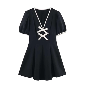 Mini Robe Col en V pour Femmes Avec Manches Bouffantes Nœud Contrasté Ligne A Robe Courte Robe d'Été Élégante