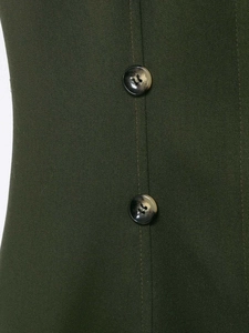 Close-up of olive green twill fabric featuring double-breasted marble pattern buttons