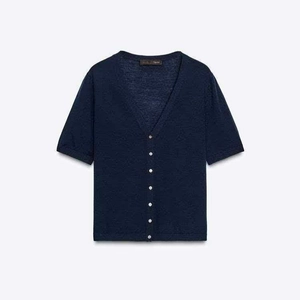 Cardigan en Maille pour Femmes Col en V Manches Courtes Simple Boutonnage Bleu Marine Été Décontracté Élégant Léger Haut en Tricot