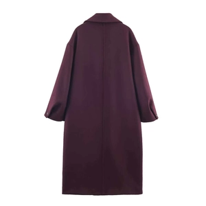 Back view of a long wool coat in deep purple with a straight cut and minimalist lapel