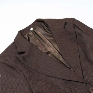 Deep brown tailored blazer with textured weave and classic lapel, flat lay view