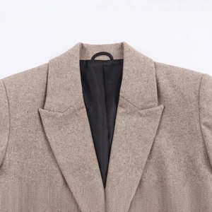 Classic light brown herringbone blazer jacket with notched lapel and smooth black lining