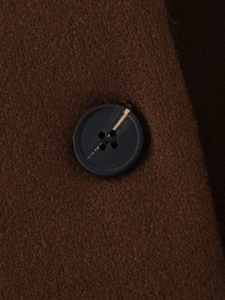 Macro shot of dark brown wool blend coat featuring marble pattern resin button