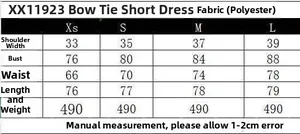 Detailed size chart for the sleeveless bow mini dress with measurements from XS to L