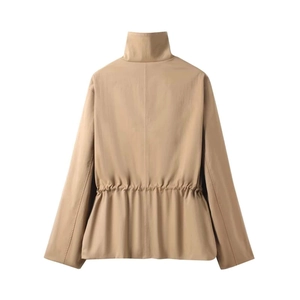 Kurze khakifarbene Windjacke mit Stehkragen und verstellbarem elastischem Taillenbund