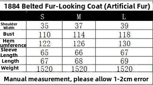 Detailed size chart for faux fur coat with belt showing measurements in cm for S M and L
