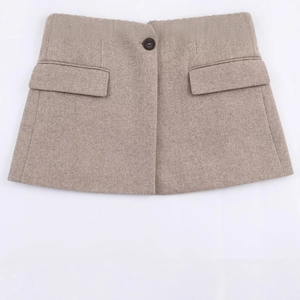 Classic khaki herringbone wool mini skirt with high waist and decorative flap pockets