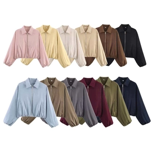 Women's minimalist short zip-up jacket in 12 assorted colors with elastic hem and stand collar