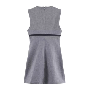 Elegant grey sleeveless A-line dress with black waist detail and back zip on white background