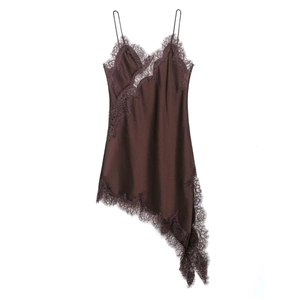 Elegant dark brown satin slip dress with eyelash lace trim and asymmetric hemline