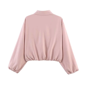 Back view of a light pink short jacket with elastic hem and classic lapel collar