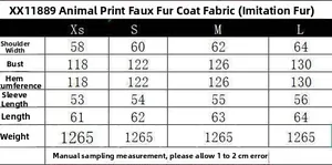 Detailed size guide table for women animal print faux fur coat with measurements