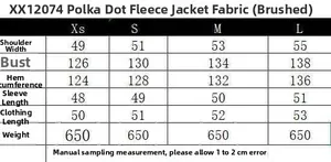 Detailed size chart for women's polka dot fleece jacket featuring precise measurements