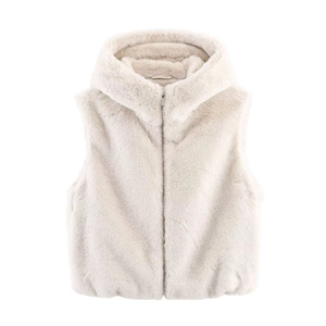 Gilet con cappuccio in ecopelliccia donna color crema con texture morbida e zip frontale