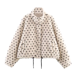 Women Polka Dot Sherpa Fleece Jacket Stand Collar Full Zip Casual Loose Warm Coat With Pockets And Drawstring Hem Polka Dot
