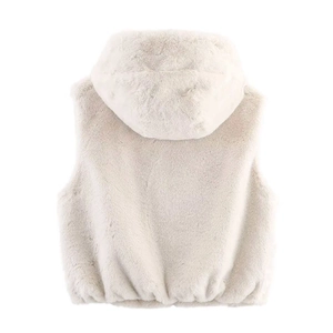 Gilet smanicato con cappuccio in ecopelliccia crema con orlo elastico, vista posteriore