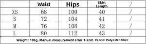 Size chart for asymmetrical lace skirt showing waist, hip, and length in centimeters