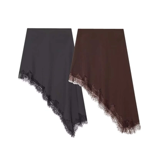 Women Asymmetric Hem Lace Skirt Elegant High Waist Eyelash Lace Trim Skirt Solid Color Commuter Style Skirt Office Daily