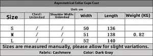 Size chart for asymmetric collar poncho sweater in cashmere with detailed measurements