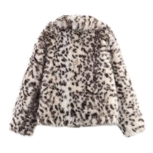 Chic grey and white leopard print faux fur coat with long sleeves for stylish winter wear