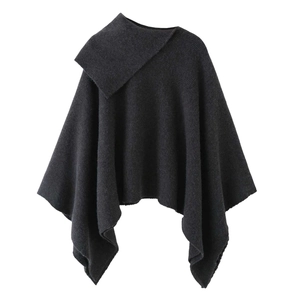 Women Knit Poncho Cape With Asymmetric Turn-down Collar Batwing Sleeve Loose Long Knitted Wrap Top For Autumn Winter Dark Gray
