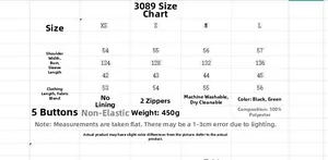 Detailed size chart for diamond quilted jacket with chest and length measurements
