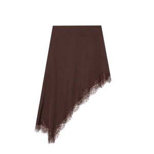 Elegant dark brown asymmetric skirt with silky fabric and fine eyelash lace trim detailing