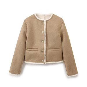 Veste en Suédine à Col Rond pour Femme Avec Bordure en Peau de Mouton Synthétique Simple Boutonnage Manteau Court Décontracté