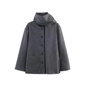 Vintage dark gray wool blend coat with integrated scarf and five button closure