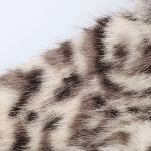 Detailed close-up showing the dense texture of leopard print faux fur on winter jacket