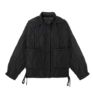 Women's black quilted jacket with standing collar, adjustable drawstring hood and large pockets