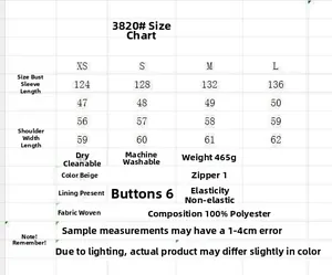 Detailed size chart for women's winter quilted jacket with measurements in centimeters