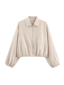 Detail view of beige zip-up cropped jacket with classic collar and elastic hem
