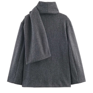 Dark grey wool-like scarf-collar coat with a minimalist tailored silhouette for women