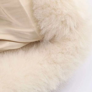 Macro shot of smooth champagne satin fabric paired with soft faux fur trim detail
