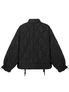 Rear view of black quilted jacket featuring adjustable drawstring hem and drop shoulders