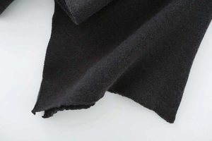 Close-up detail of soft black knitted fabric texture on the edge of a poncho top