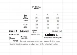 Size guide table for women knit jacket with bust sleeve length and fabric specifications