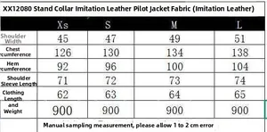 Size chart table for olive brown faux leather bomber jacket with detailed measurements