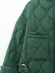 Detailed close-up of dark green quilted jacket featuring drawstring pockets and wave textures
