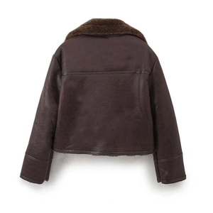 Short vintage dark brown leather aviator jacket with fuzzy lamb wool collar and seams